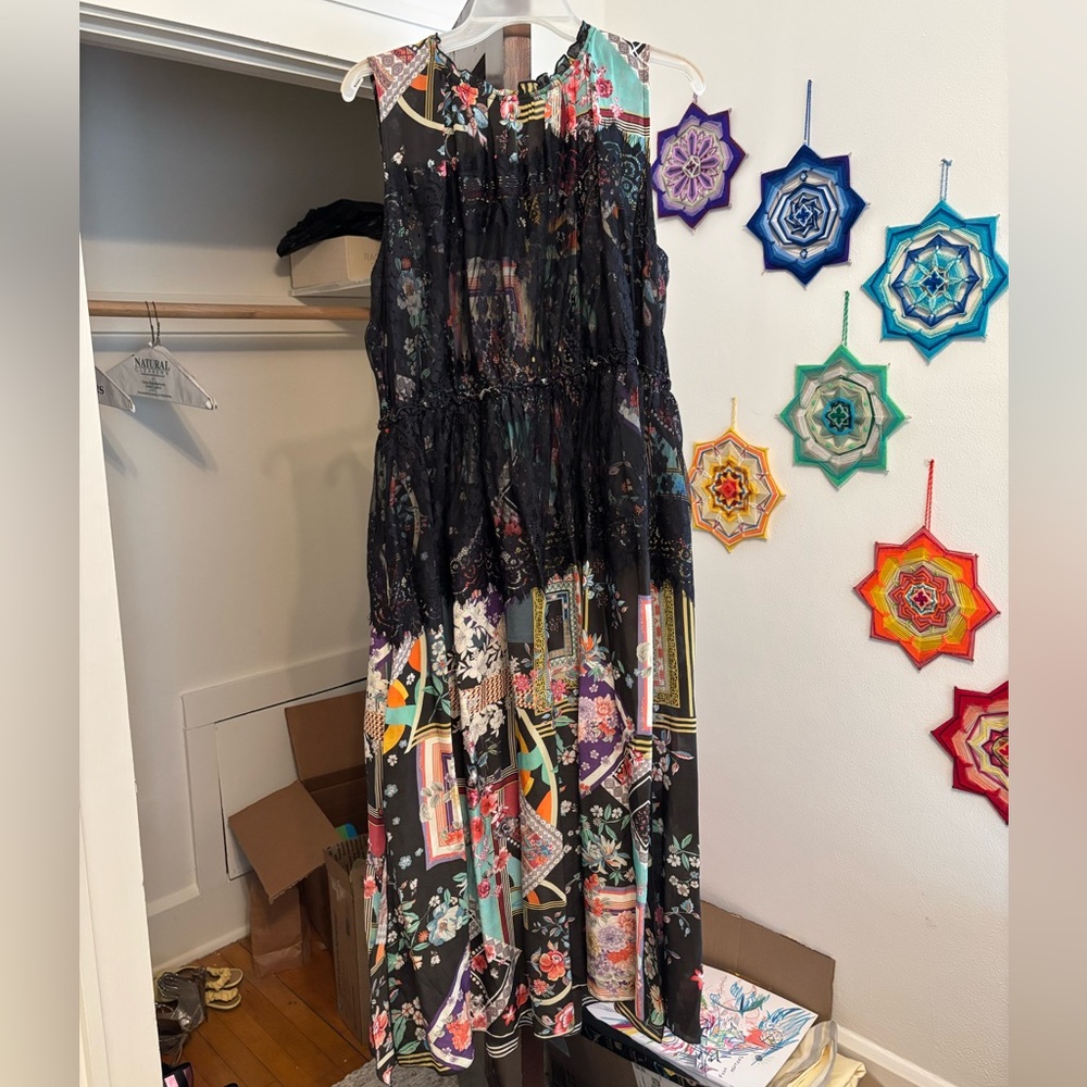 Johnny Was Multicolor Floral Patchwork Silk Boho Dress with Black Lace